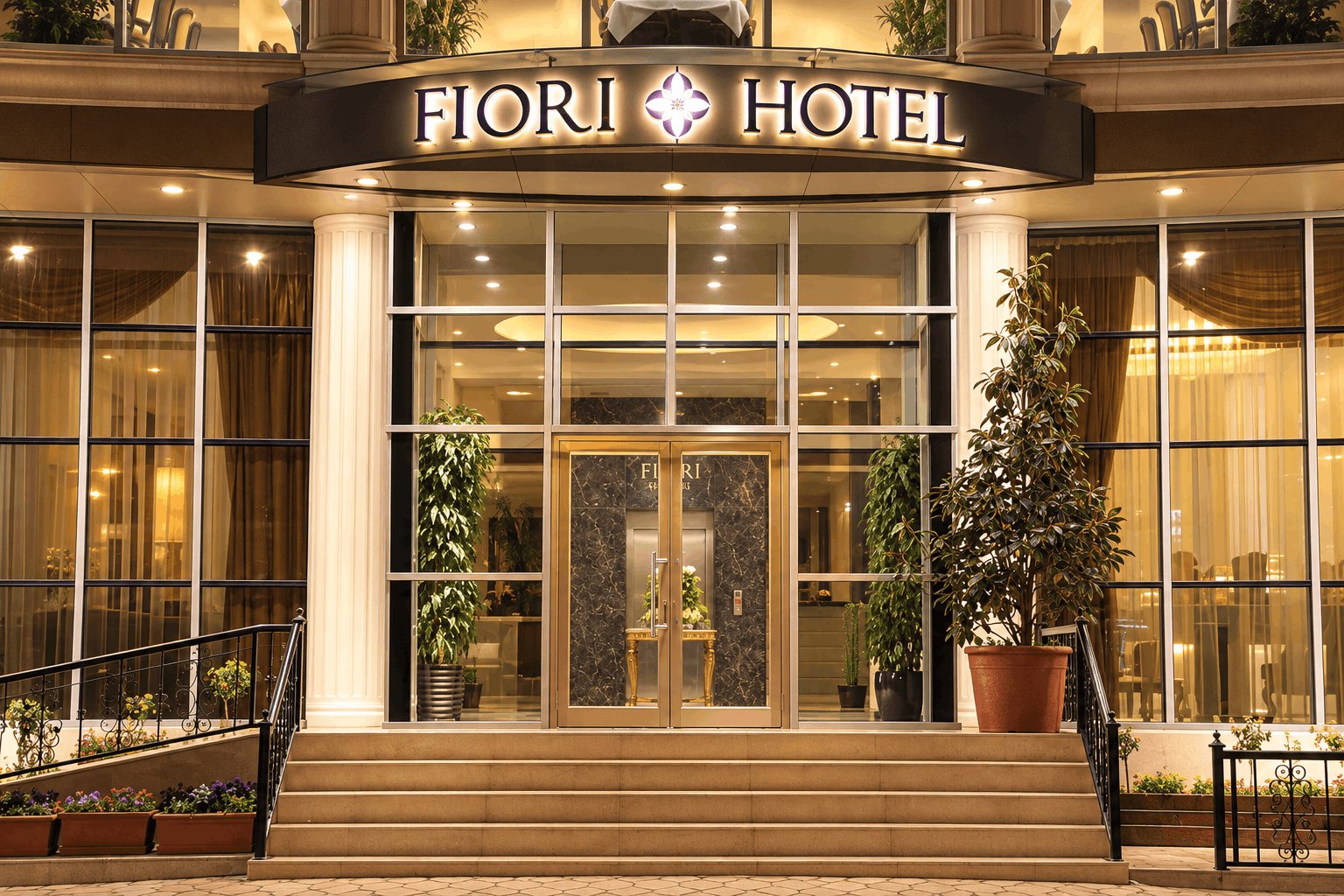 The entrance of Fiori Hotel in Erbil at dusk